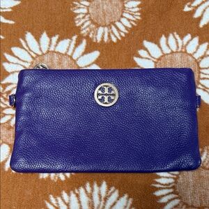 Tory Burch Vibrant Purple Pebbled Leather Wristlet with Logo Medallion